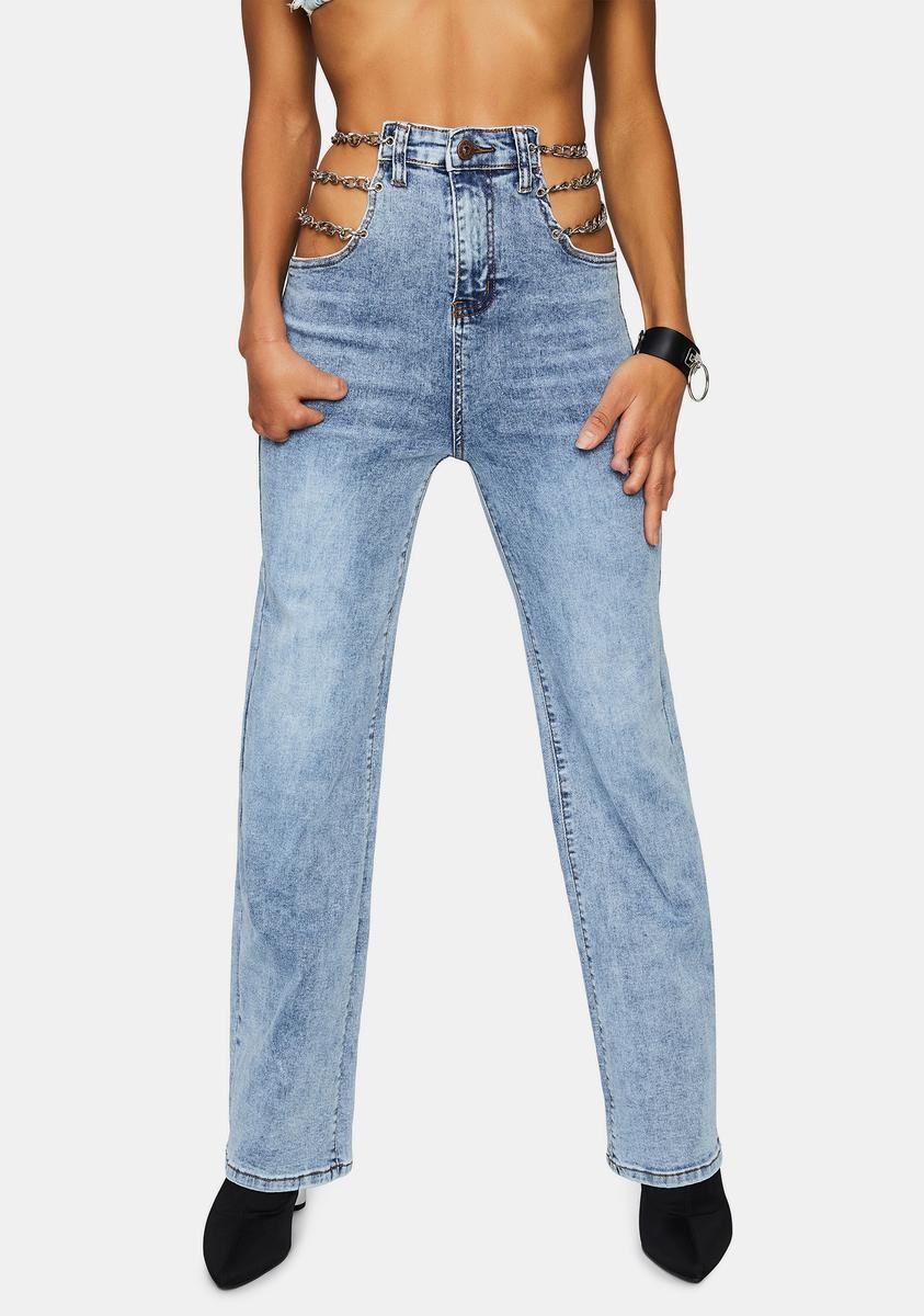 Hip Cut Out Jeans With Chains - Blue