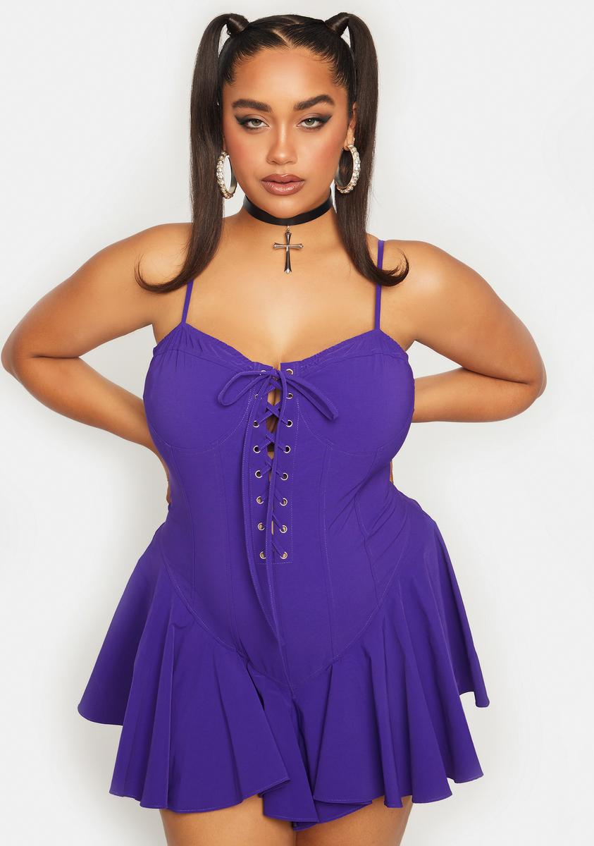 Plus Size Lace Up Fit Flare Ruffle Mini Dress - Purple Dolls Kill Plus Size Lace Up Fit Flare Ruffle Mini Dress - Purple Dolls Kill