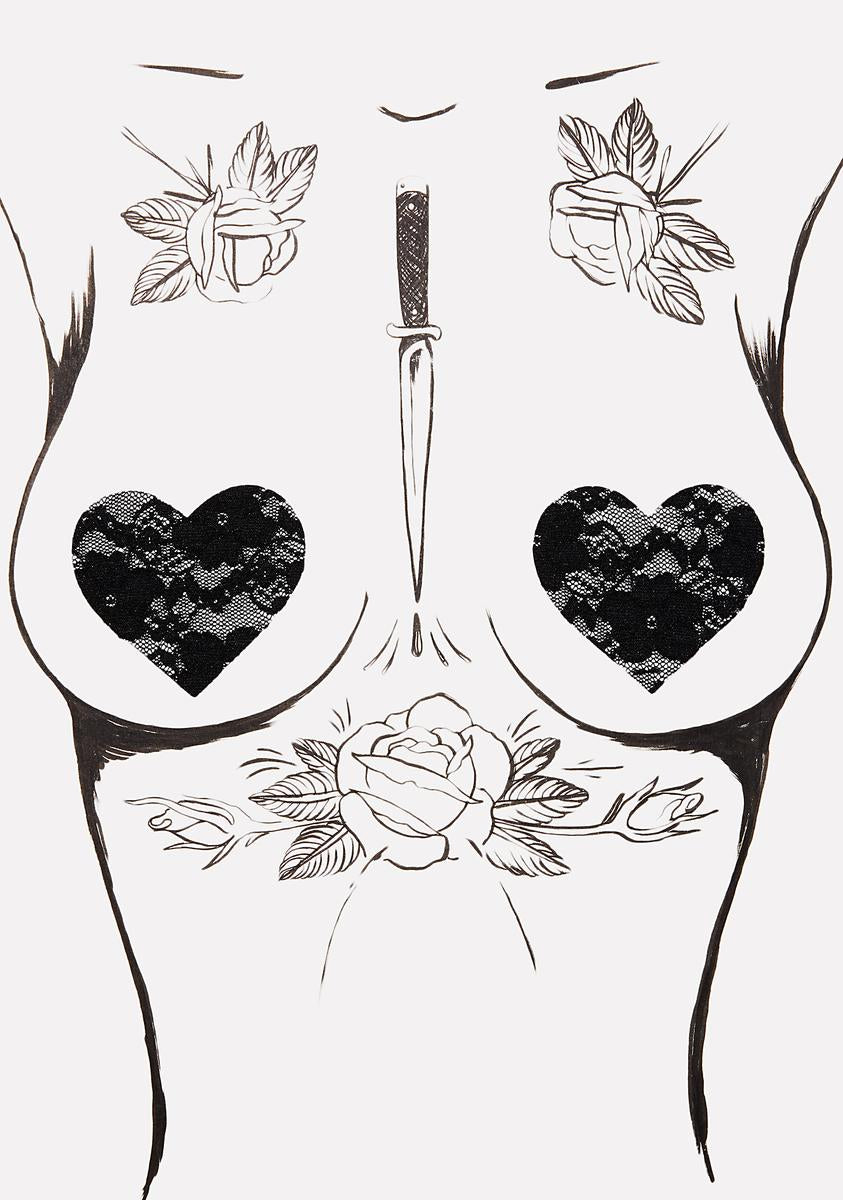 Neva Nude Lace Heart Pasties - Black