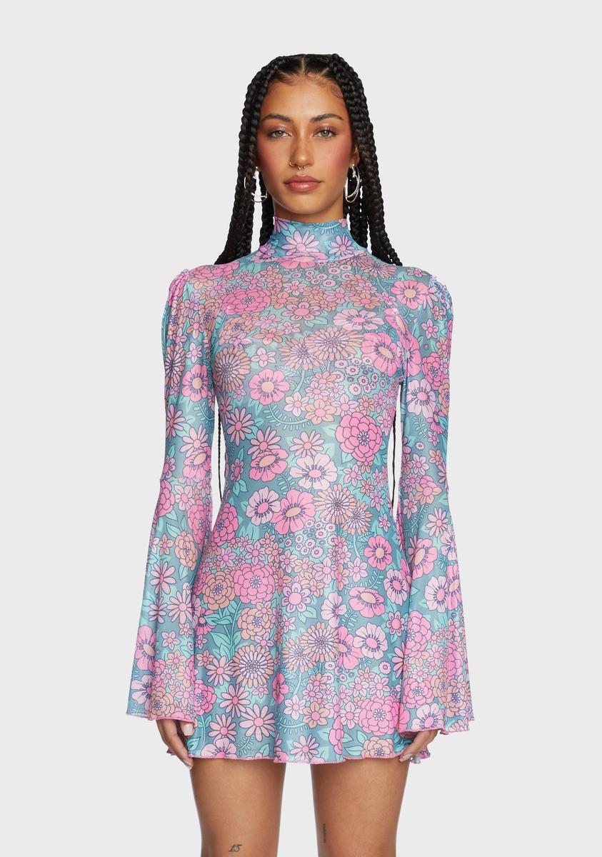pink and blue mini dress Sugar Thrillz Floral Print Mesh Bell Sleeve Mini Dress