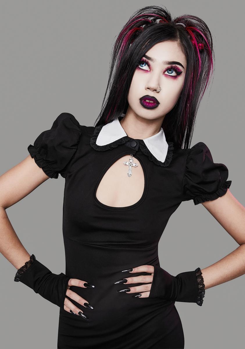 Widow Collared Cutout Puff Sleeve Bodycon Dress With Cross Charm