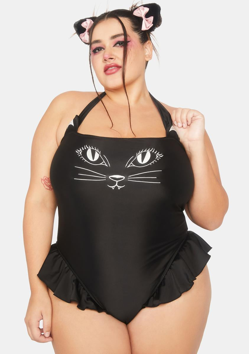 Plus Size The Grave Girls Cat Kitty One Piece Swimsuit Black
