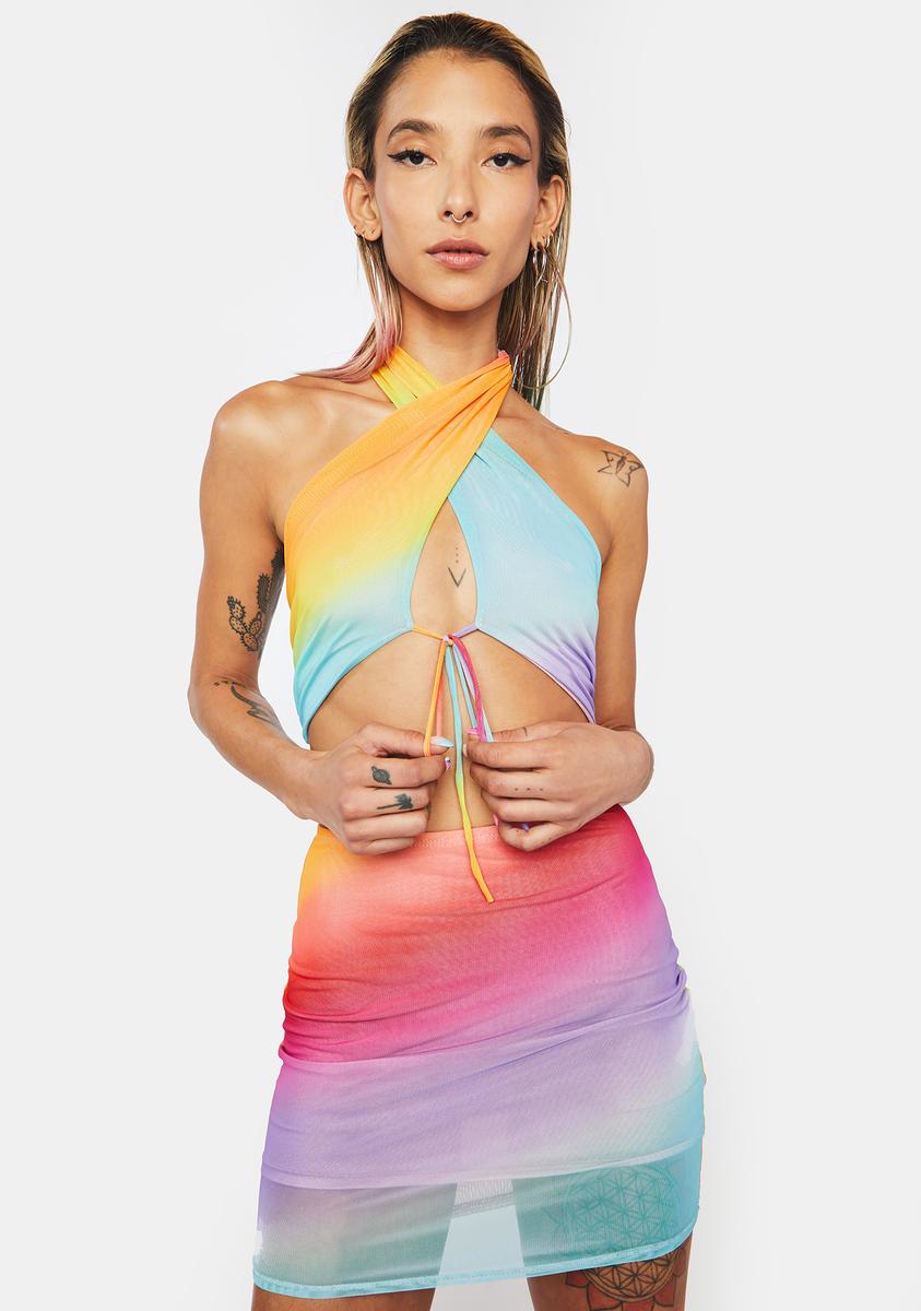 rainbow ombre mesh dress Rainbow Ombre Mesh Halter Top And Mini Skirt Set – Dolls Kill