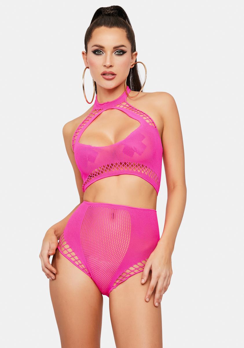 Keyhole Cutout Halter Bra Top And Fishnet Panty - Pink