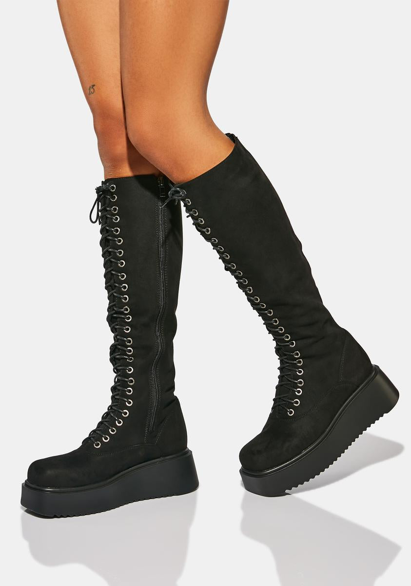 Lamoda Vegan Suede Knee High Lace Up Boots - Black – Dolls Kill