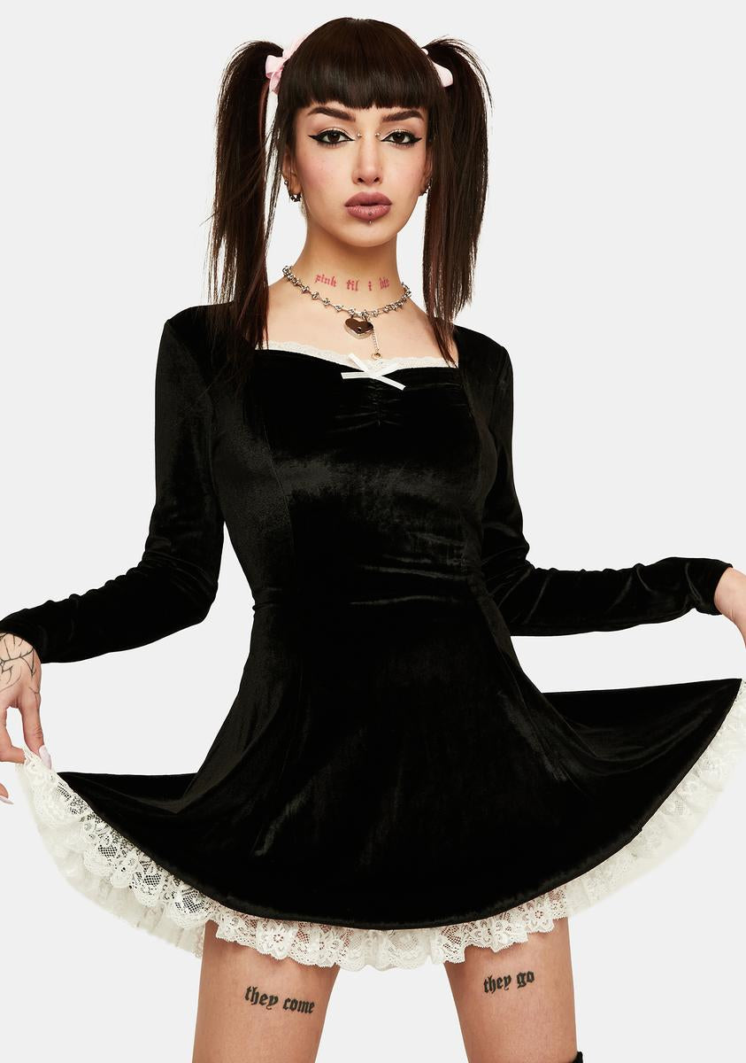 Velvet Long Sleeve Lace Trim Mini Dress - Black/Cream