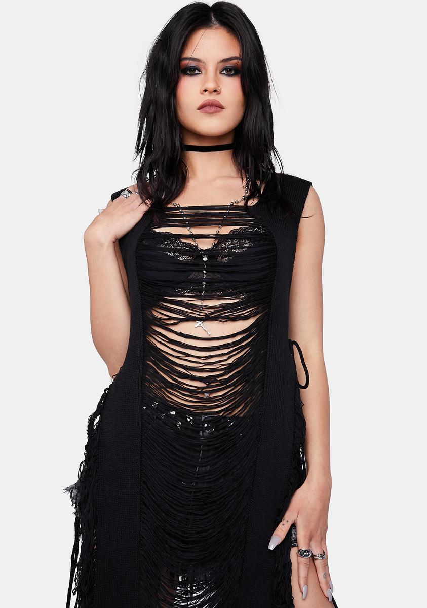 Scoop Neck Cutout Distressed Frayed Sleeveless Maxi Dress - Black Scoop Neck Cutout Distressed Frayed Sleeveless Maxi Dress - Black