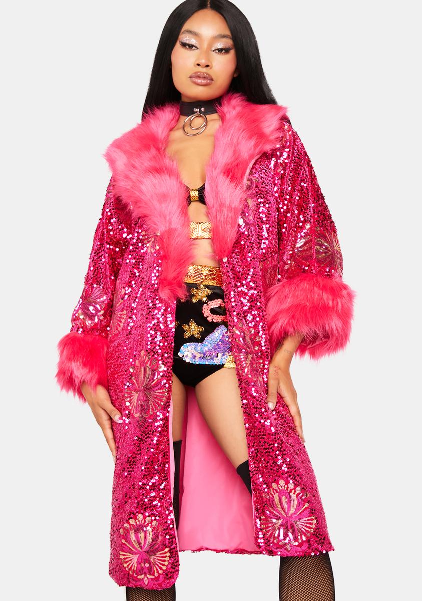 Daisy Shock Faux Fur Trim Sequin Jacket Pink Dolls Kill