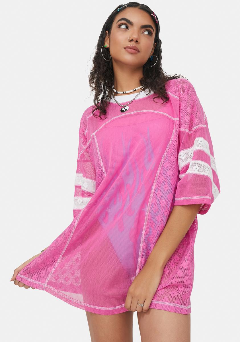 Delia's Sporty Mesh And Lace Oversized Jersey - Pink/White