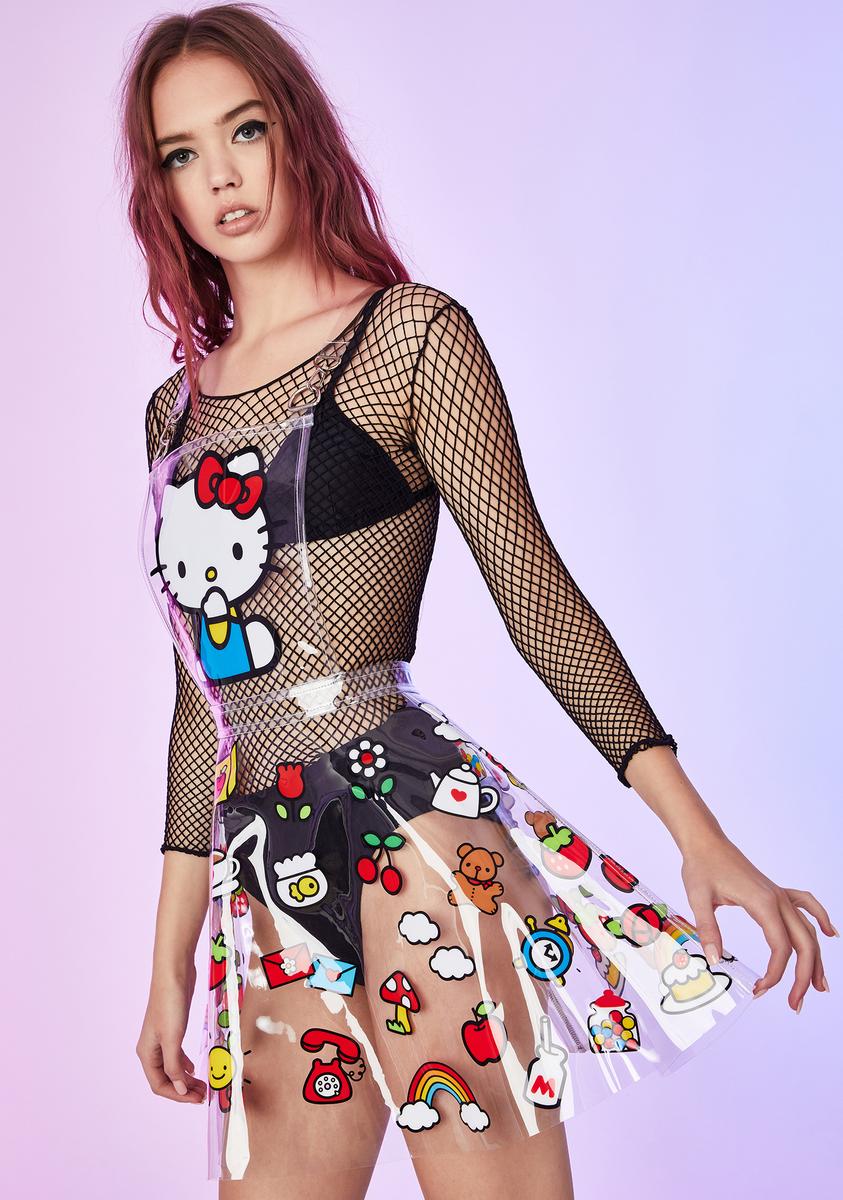 Dolls Kill Hello Kitty Graphic Clear Pinafore Overall Mini Dress Kawaii Punk