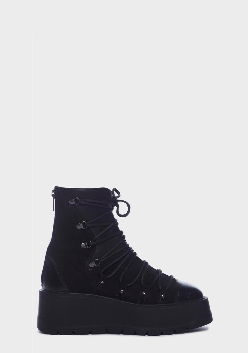 Free People Lace Up Leather Wedge Boots Black – Dolls Kill