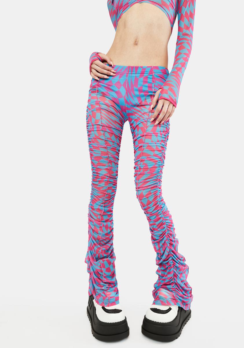 Horoscopez Checkered Print Ruched Mesh Pants - Pink/Blue – Dolls Kill