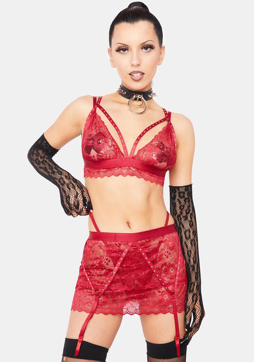 Lace Garter Skirt Lingerie Set With Bralette - Dark Red Dolls Kill Lace Garter Skirt Lingerie Set With Bralette - Dark Red Dolls Kill