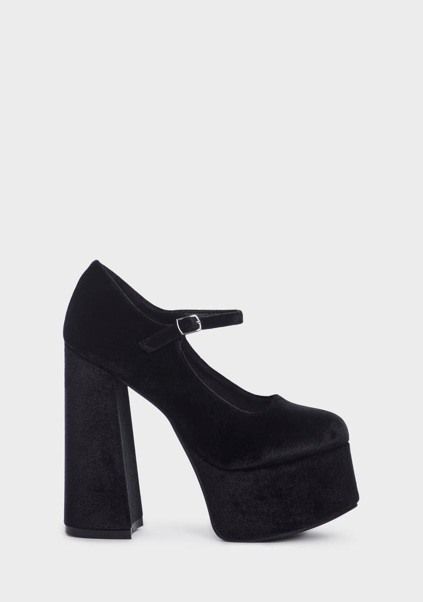 Velvet Velour Platform Mary Janes - Black
