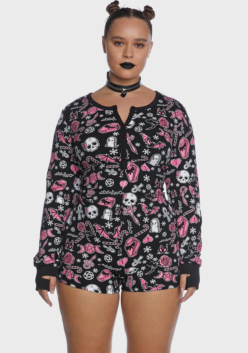 Plus Size The Grave Girls Goth Christmas All Over Print Ribbed Romper - Black/Pink Dolls Kill Plus Size The Grave Girls Goth Christmas All Over Print Ribbed Romper - Black/Pink Dolls Kill