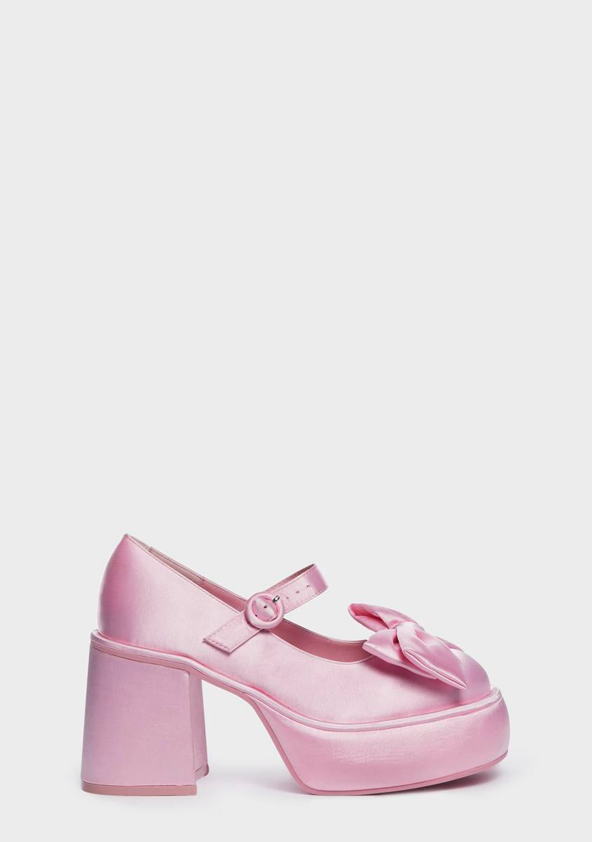 Sugar Thrillz Satin Bow Platform Mary Jane Heels - Pink