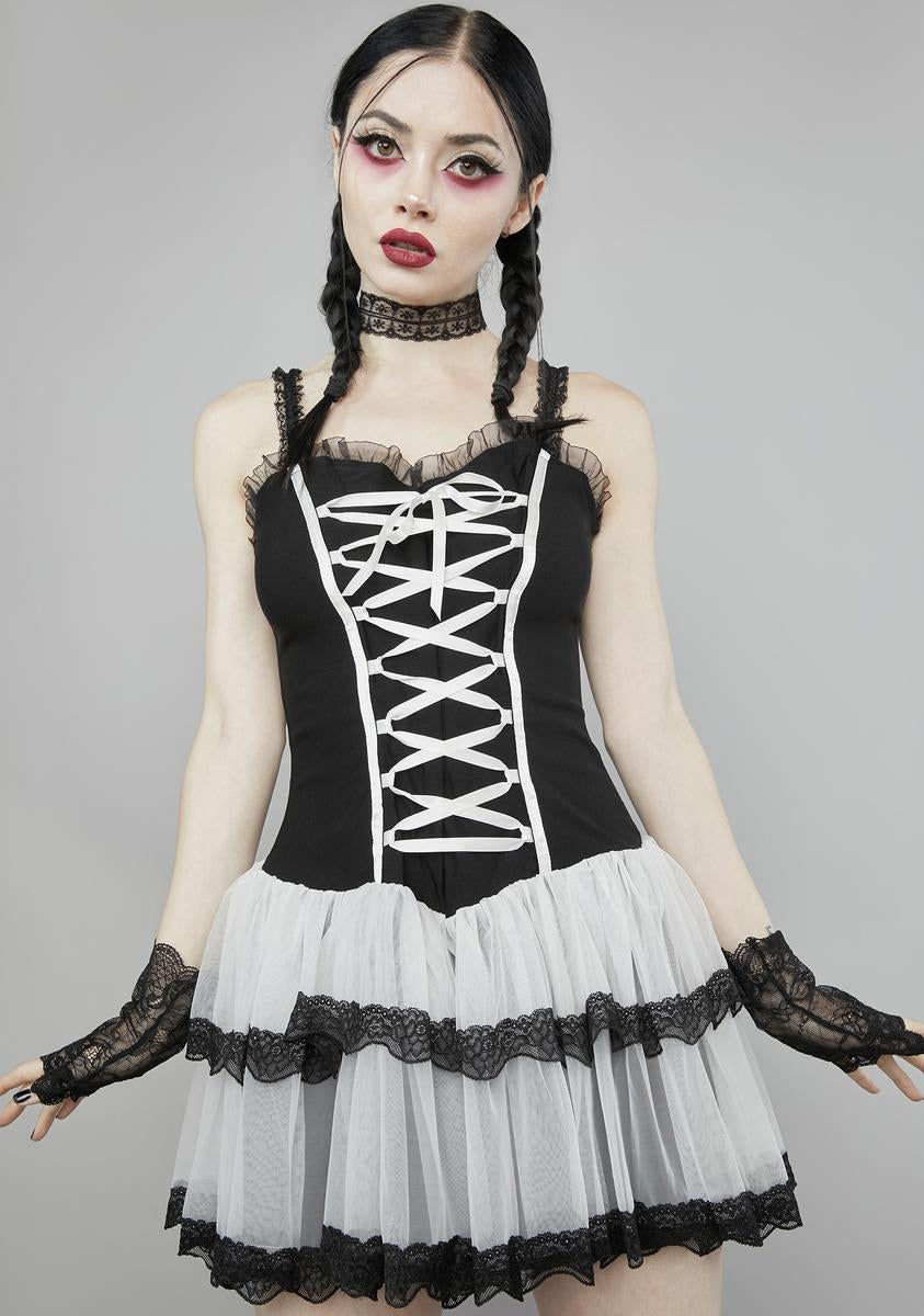 Widow Ribbon Lace Up Corset Mini Dress With Tulle Hem - Black/White Widow Ribbon Lace Up Corset Mini Dress With Tulle Hem - Black/White
