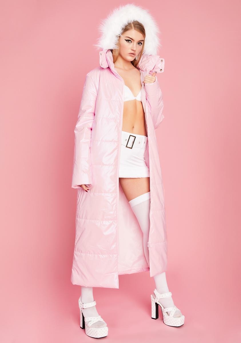 Sugar Thrillz Trench Puffer Coat Maxi Hooded Winter Jacket Faux Fur Trim Light Pink Dolls Kill
