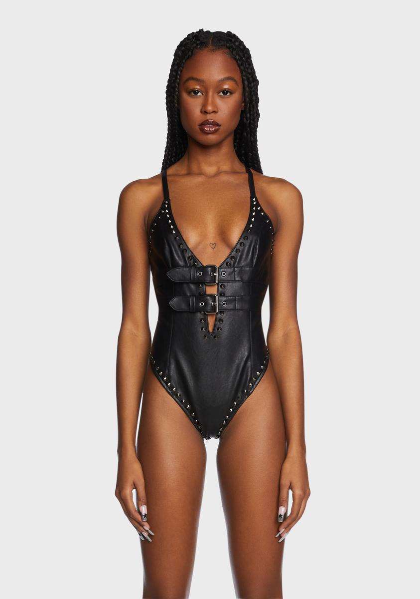 Club Exx Vegan Leather Stud Bodysuit - Black