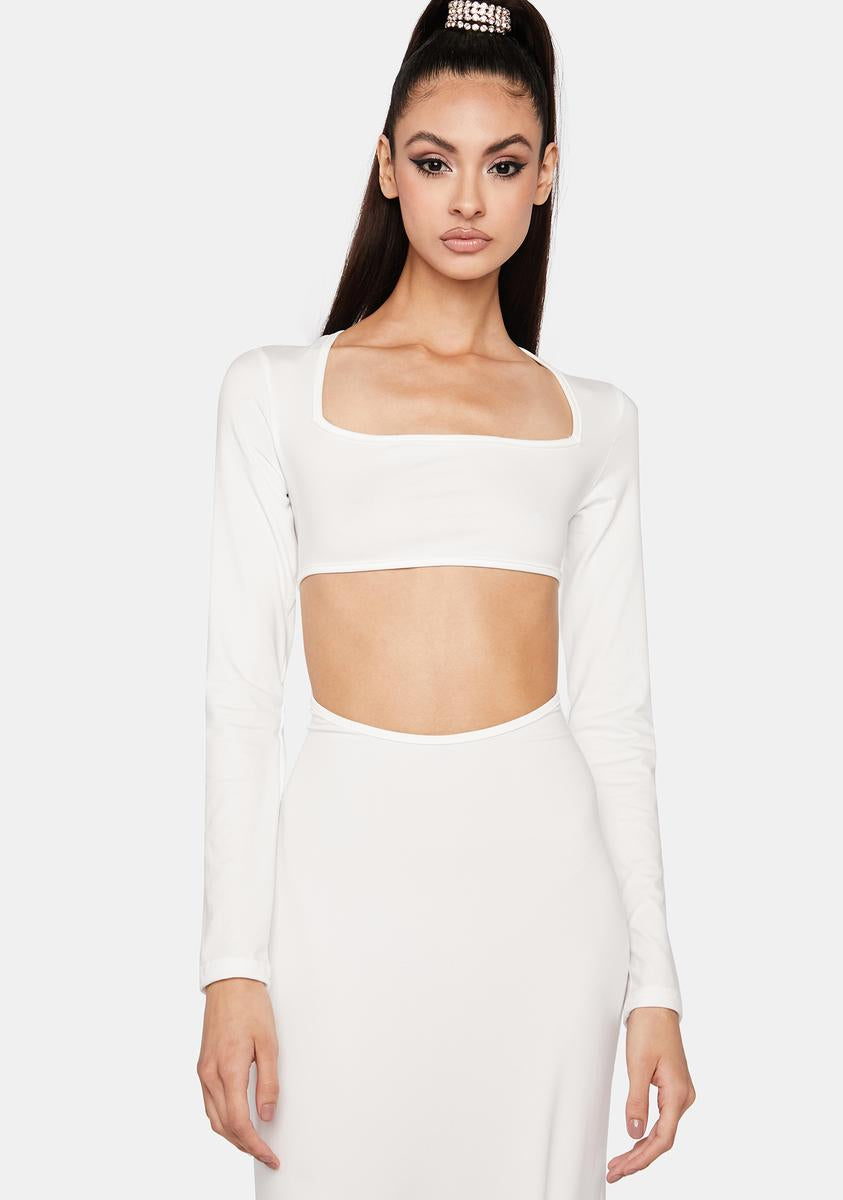 Long Sleeve Crew Collar Cut-Out Maxi Dress White