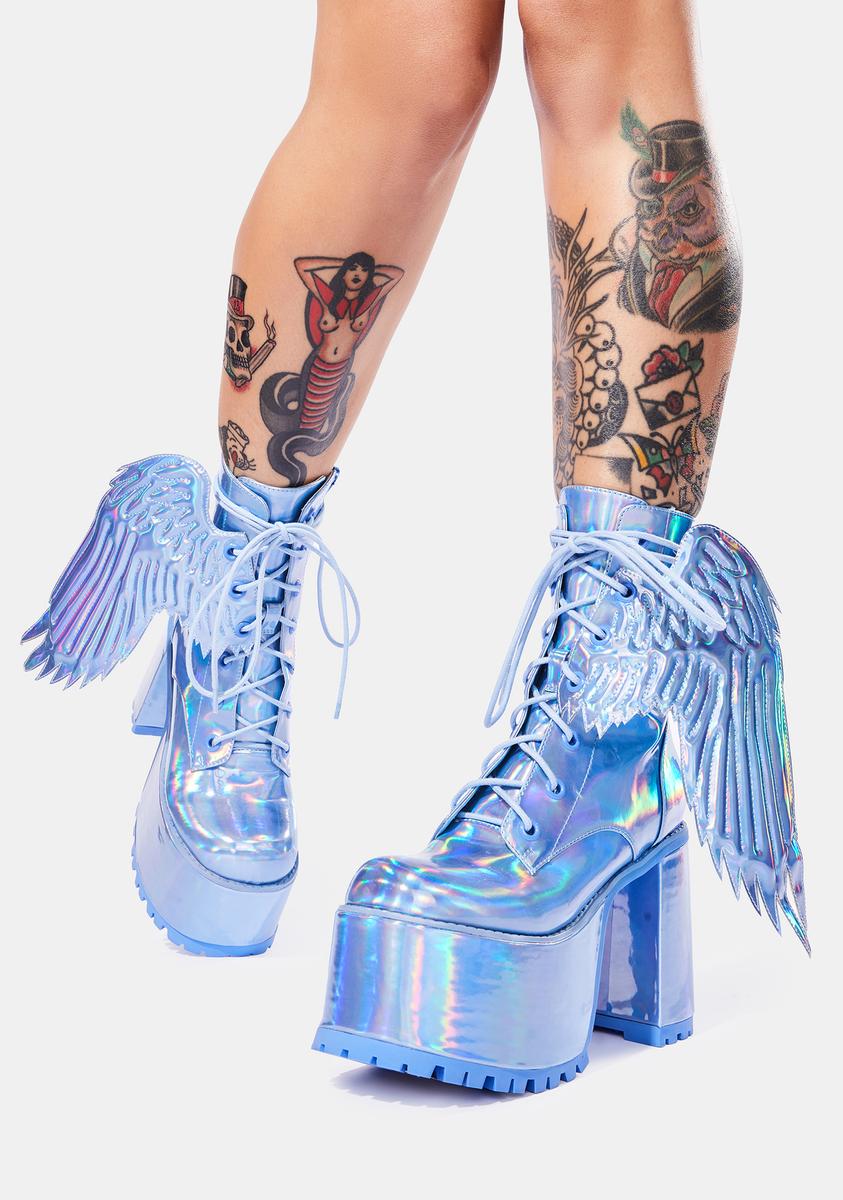 Club Exx Holographic Angel Wing Platform Boots Blue – Dolls Kill