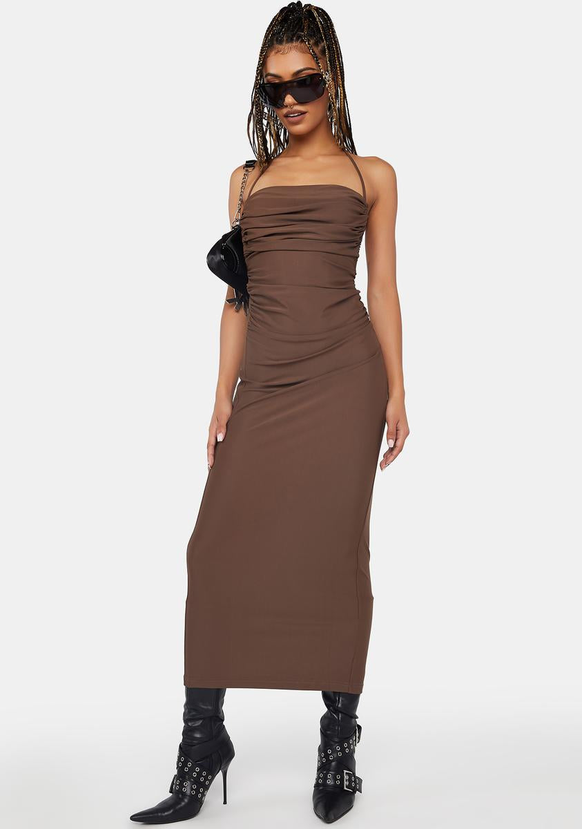RARE LONDON Mid Ruched Open Back Dress - Brown Dolls Kill RARE LONDON Mid Ruched Open Back Dress - Brown Dolls Kill