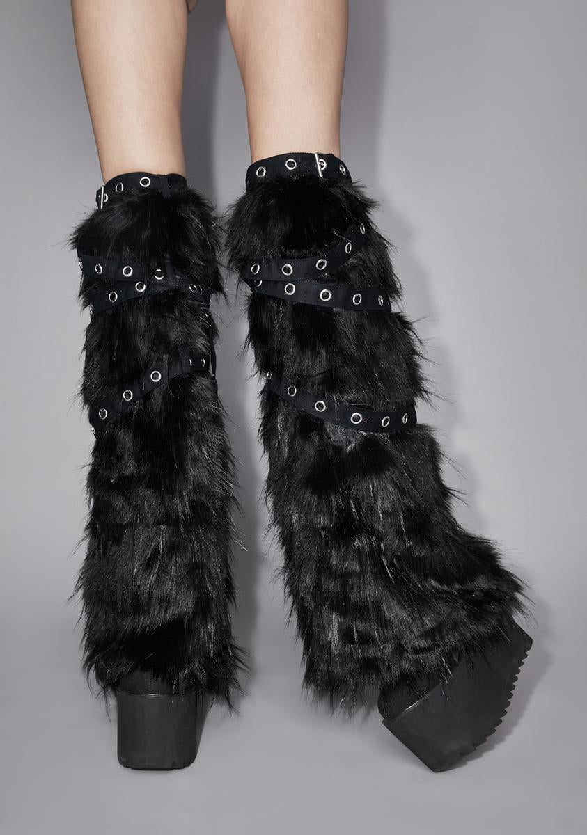 Widow Eyelet Strap Faux Fur Leg Warmers - Black – Dolls Kill