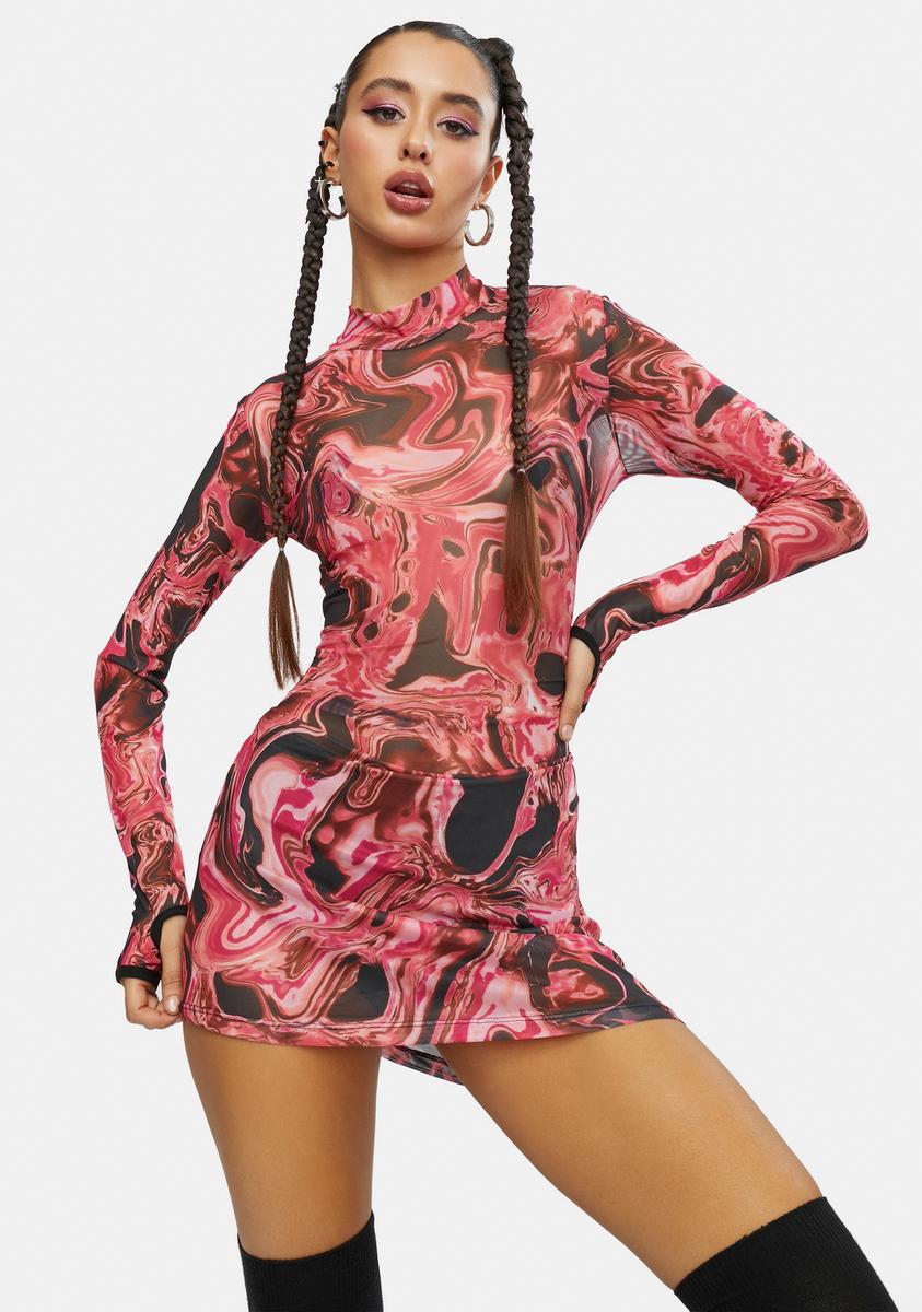 Club Exx Trippy Swirl Print Mesh Long Sleeve Dress - Pink Club Exx Trippy Swirl Print Mesh Long Sleeve Dress - Pink