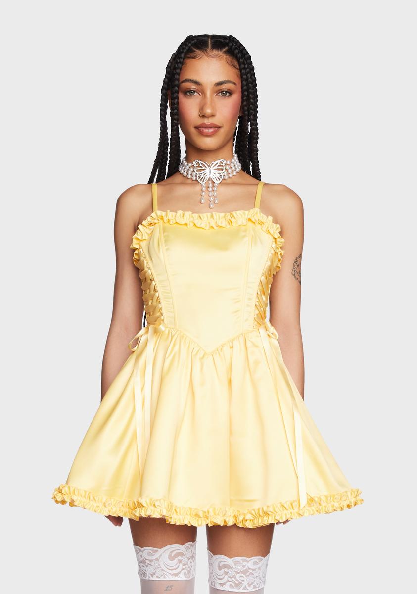 Sugar Thrillz Satin Ruffle Corset Mini Dress - Light Yellow