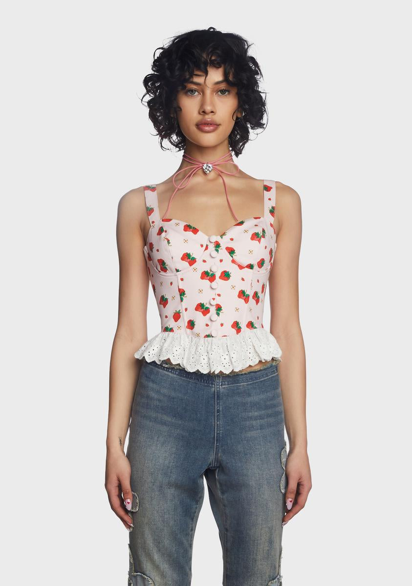 ♡Croco Kitty♡ Volume Sleeve Sweat Top Dolls Kill X Strawberry Shortcake Strawberry Print Corset