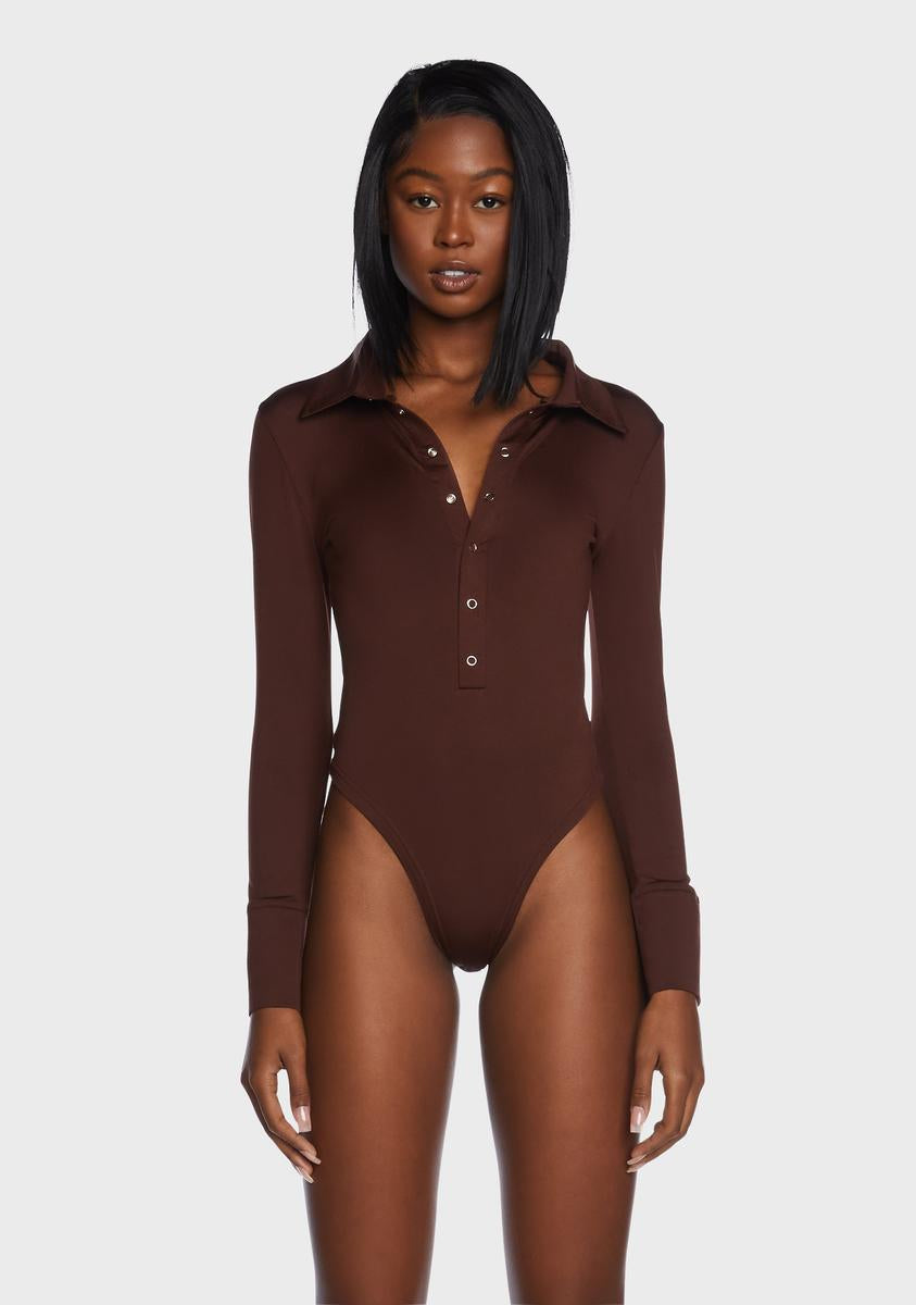Collared Button Up Long Sleeve Bodysuit Brown Dolls Kill