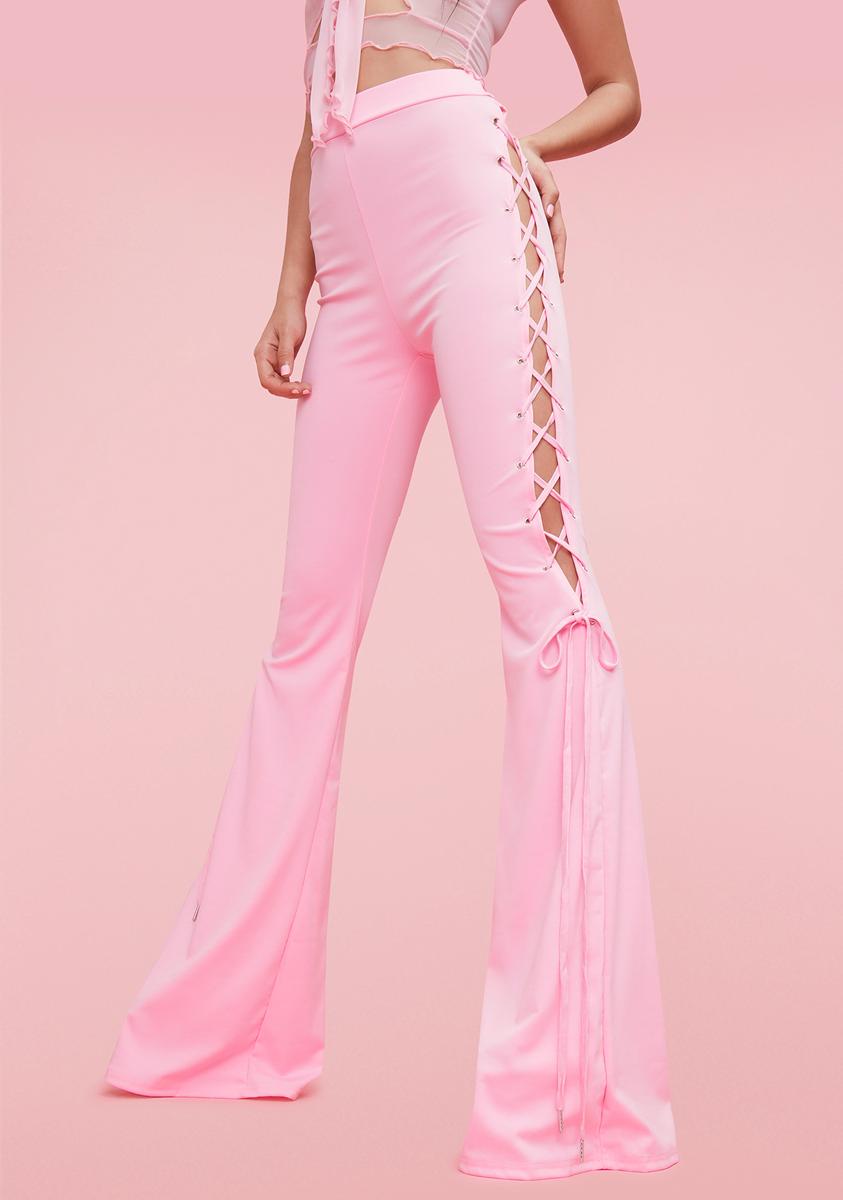 Lace Up Sides Flared High Waist Pants Pink Dolls Kill