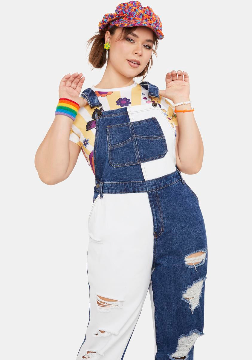 Plus Size Patchwork Distressed Denim Overalls Multi Dolls Kill