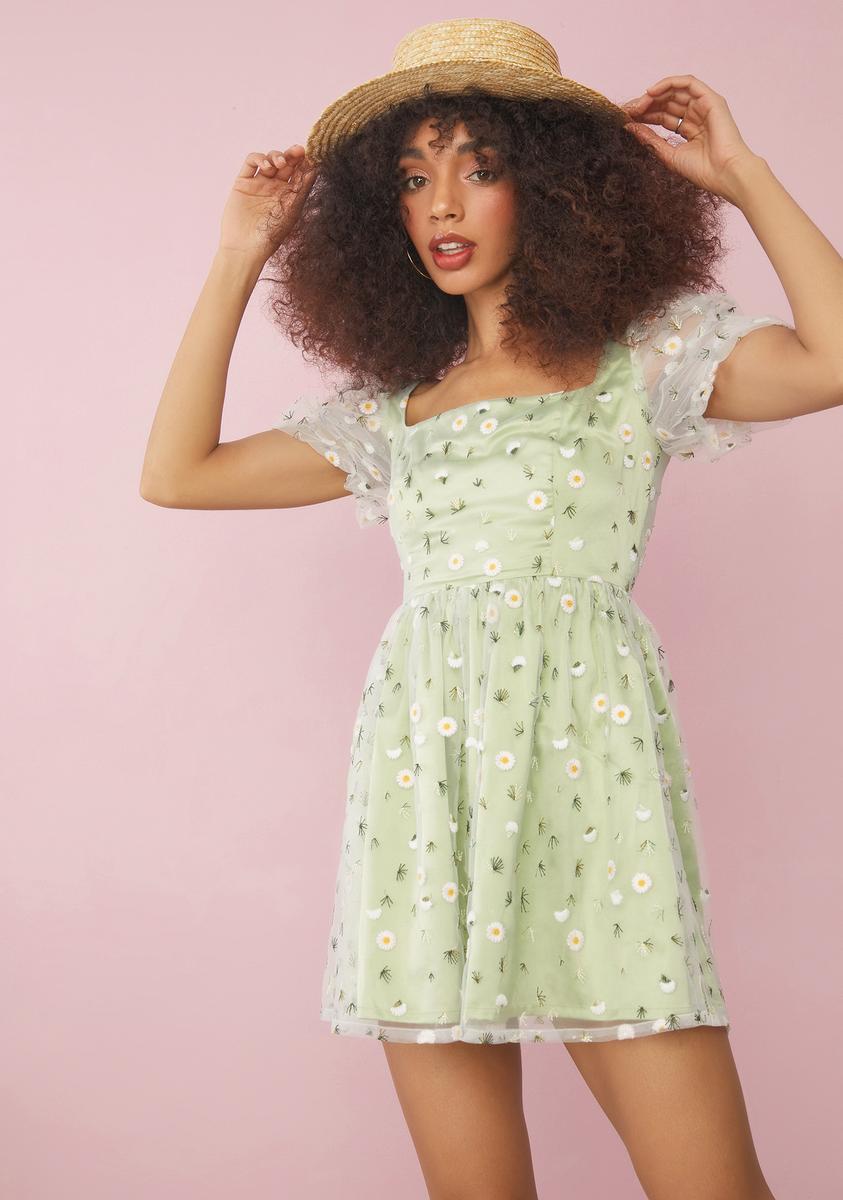Sugar Thrillz Organza Daisy Sheer Puff Sleeve Babydoll Dress