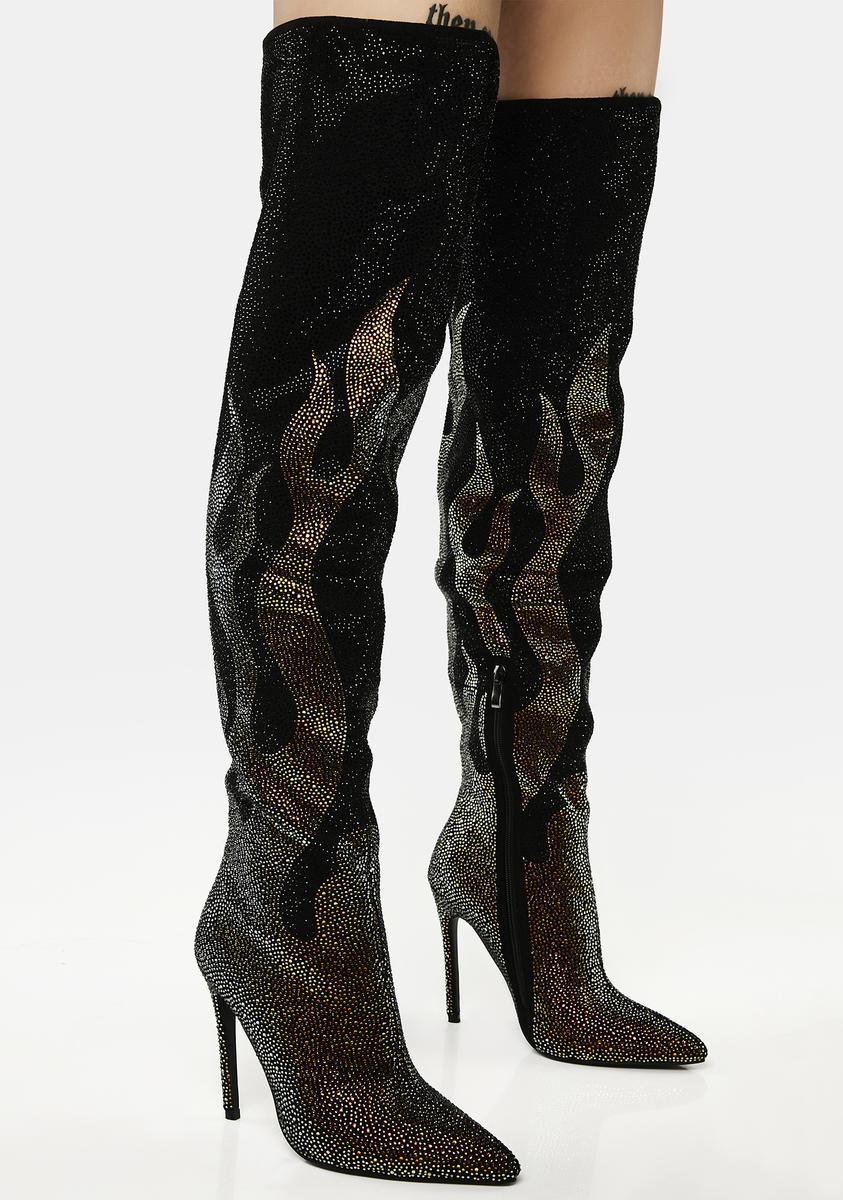 Black Thigh High Bling Boots AZALEA WHING Rhinestone Flame Thigh