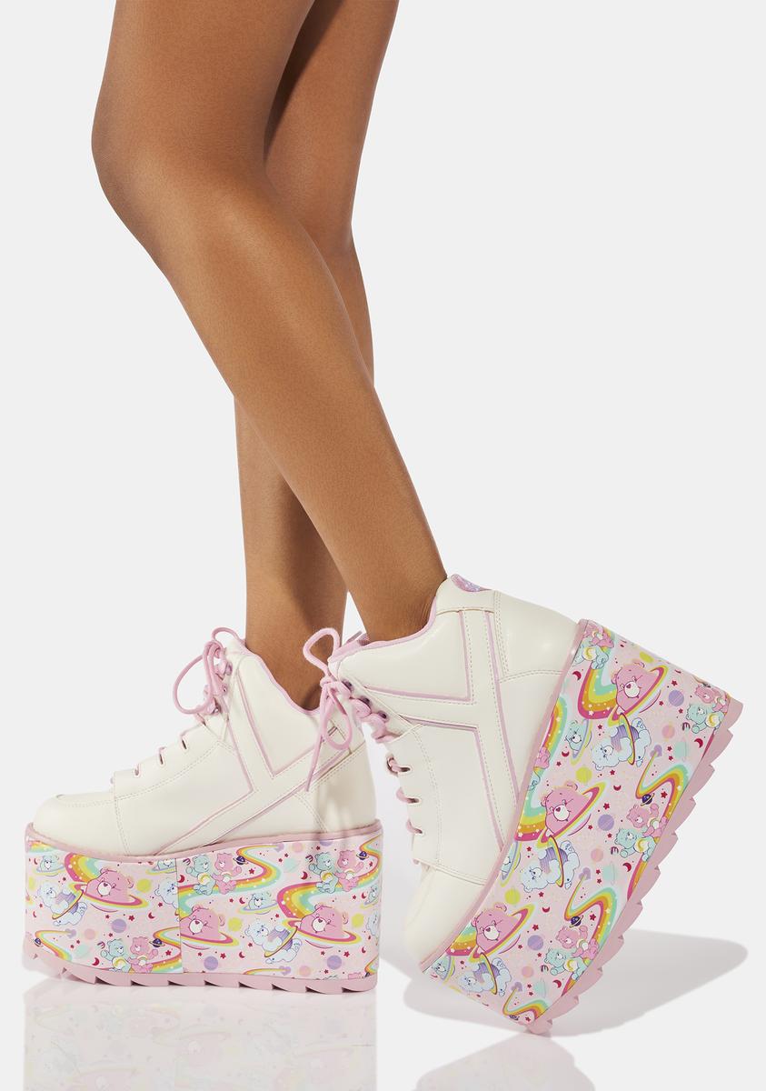 YRU Cosmic Care Bears Print Platform Sneakers White/Pink – Dolls