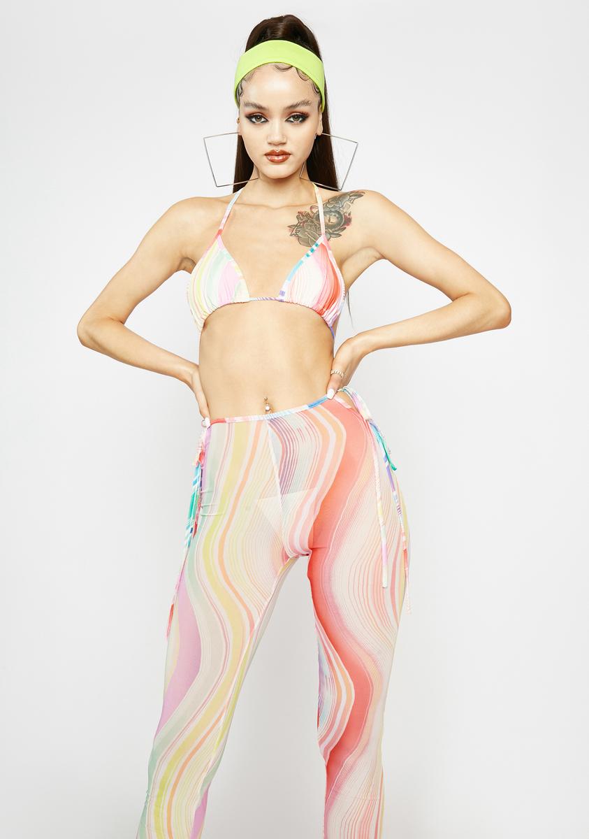 Wavy Stripe Mesh Bra Top And Tie Pants Set - Multi – Dolls Kill