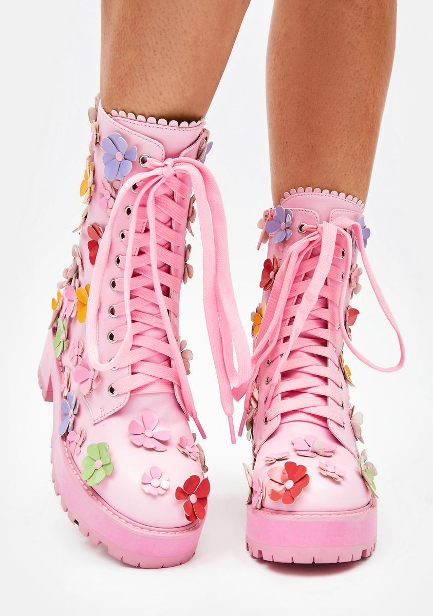 Sugar Thrillz Flower Decal Platform Combat Boots Pink – Dolls Kill