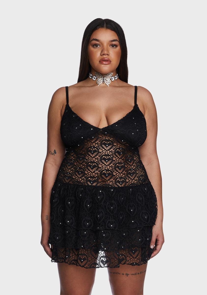 Club Exx Plus Size Sheer Lace Rhinestone Ruffle Mini Dress