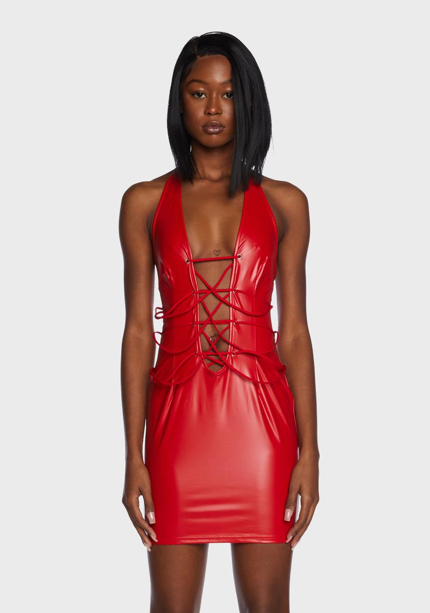 fitted lace wedding dress Vegan Leather Lace Up Halter Mini Dress