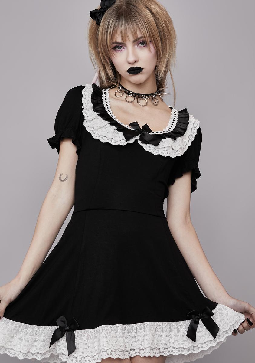 Widow Lace Satin Bow Short Puff Sleeve Mini Dress