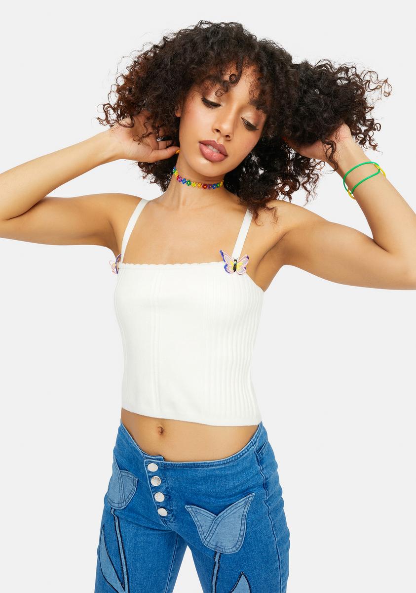 Delia's Butterfly Ribbed Square Neck Tank - White – Dolls Kill