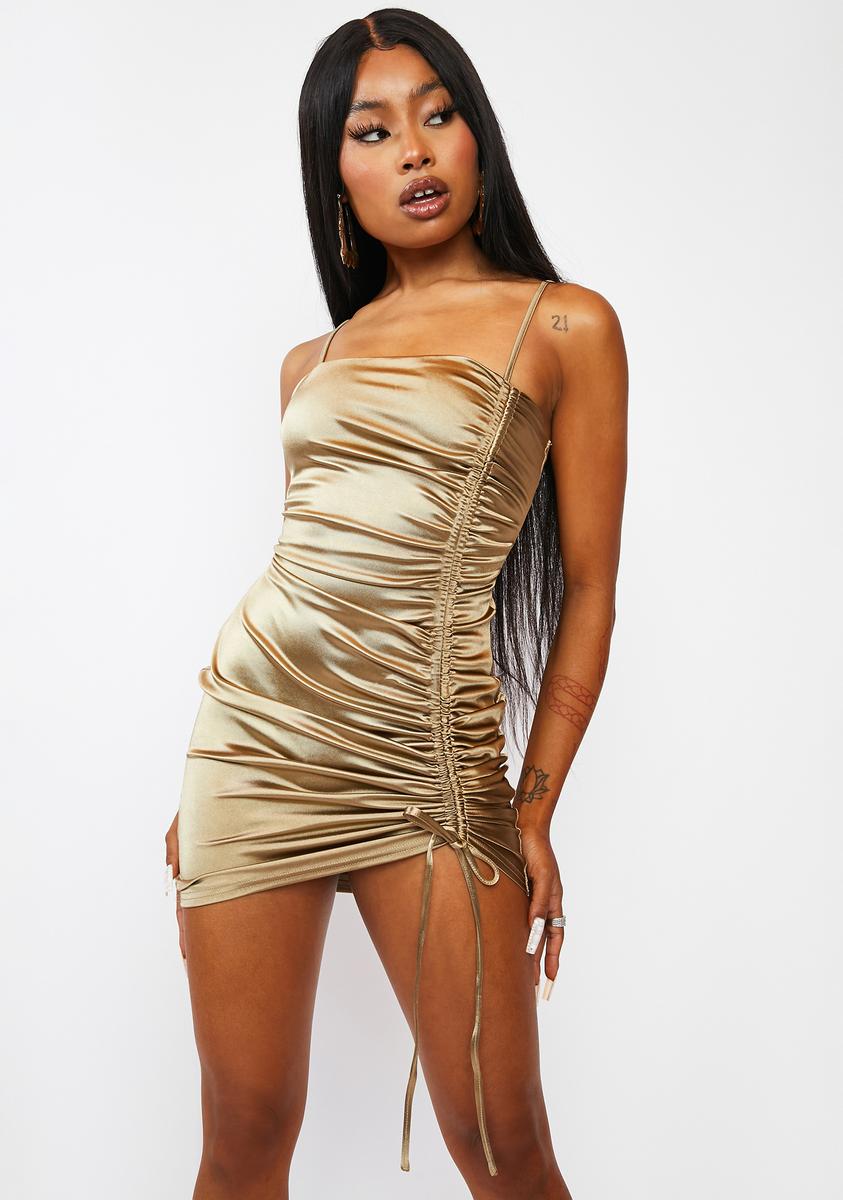 Metallic Satin Ruched Bodycon Mini Dress - Gold Dolls Kill Metallic Satin Ruched Bodycon Mini Dress - Gold Dolls Kill