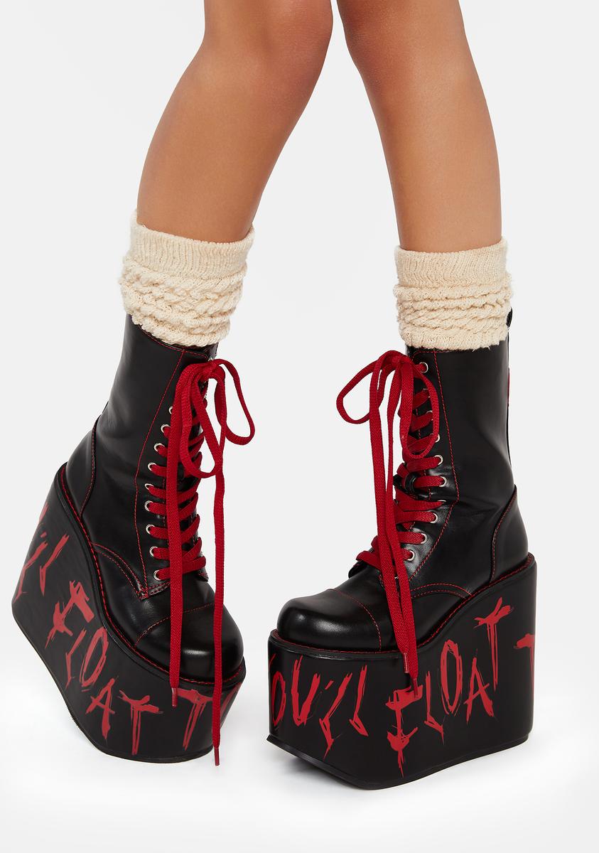 Dolls Kill x WB Horror You'll Float Too Graphic Platform Boots - Black/Red