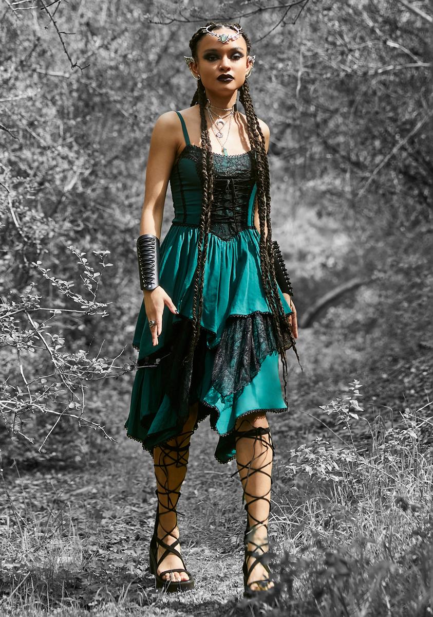 Widow Lace Up Layered Midi Dress - Green/Black