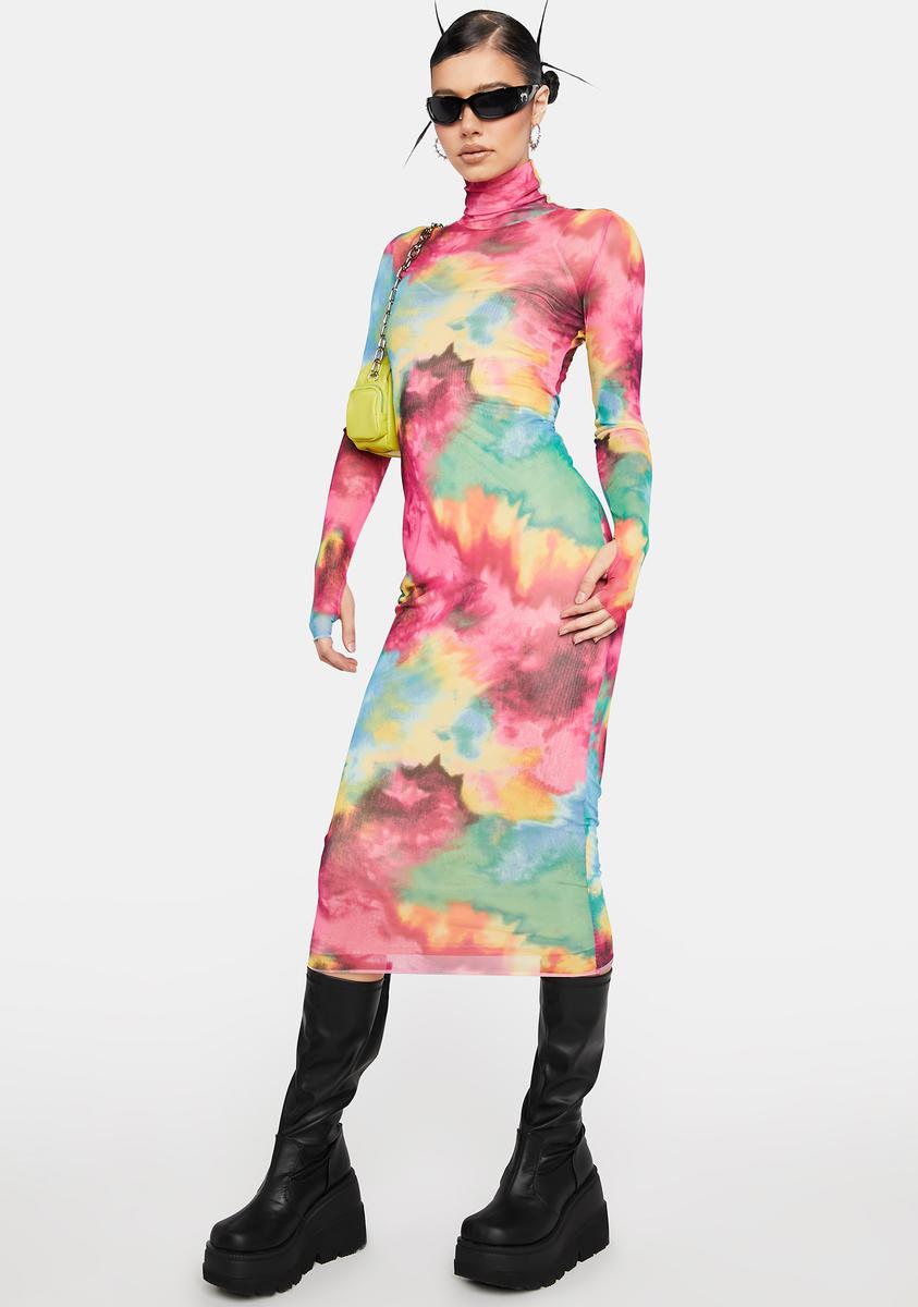 Afrm Mesh Tie Dye Turtleneck Midi Dress - Spring Multi Dolls Kill Afrm Mesh Tie Dye Turtleneck Midi Dress - Spring Multi Dolls Kill