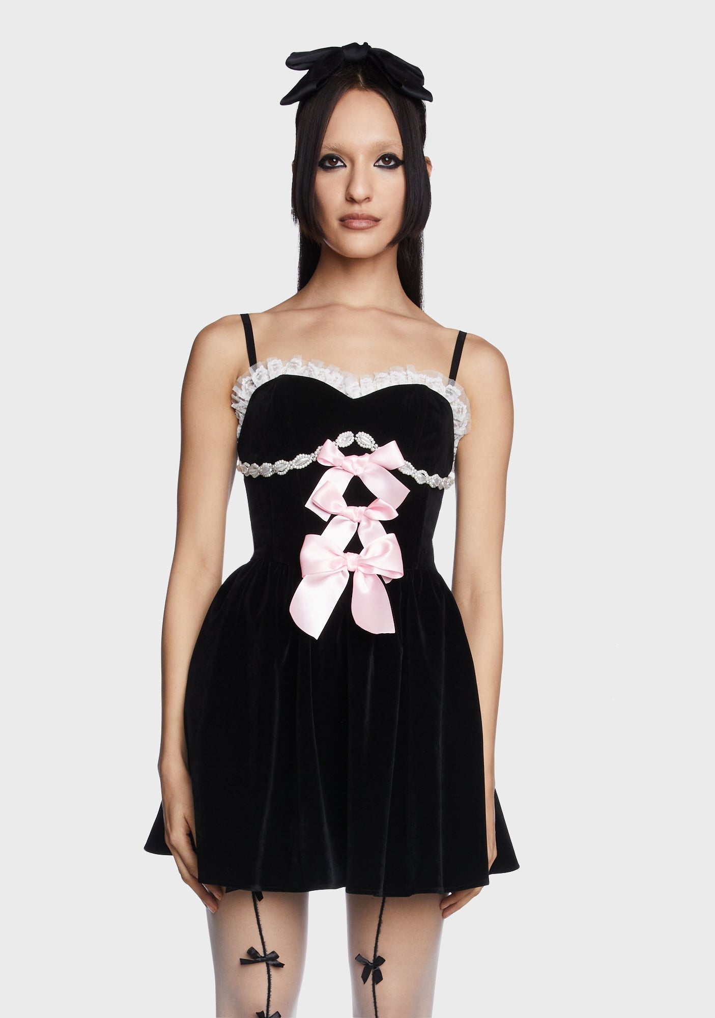 Dark In Love Velvet Bow Pearl Mini Dress - Black/Pink Dolls Kill Dark In Love Velvet Bow Pearl Mini Dress - Black/Pink Dolls Kill
