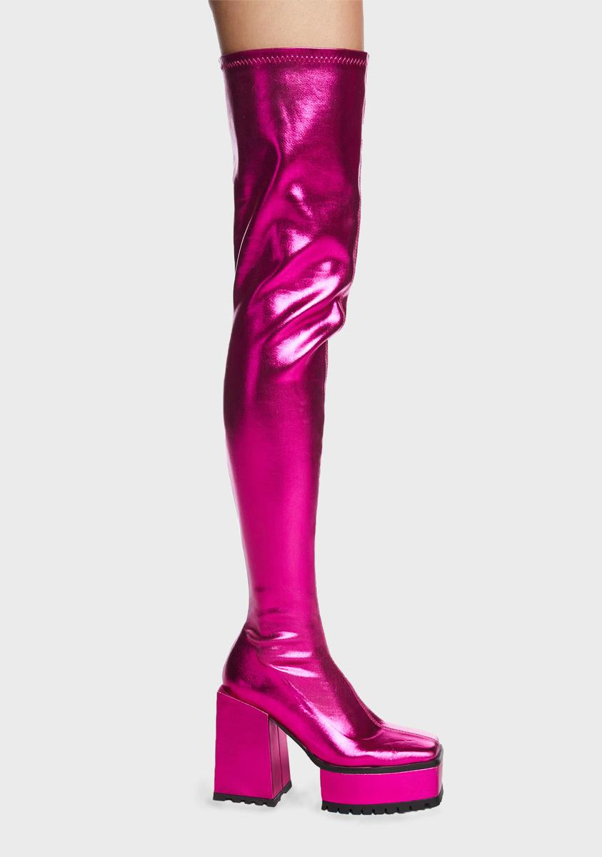 Poster Grl Vegan Leather Metallic Thigh High Platform Heel Boots Dark Pink