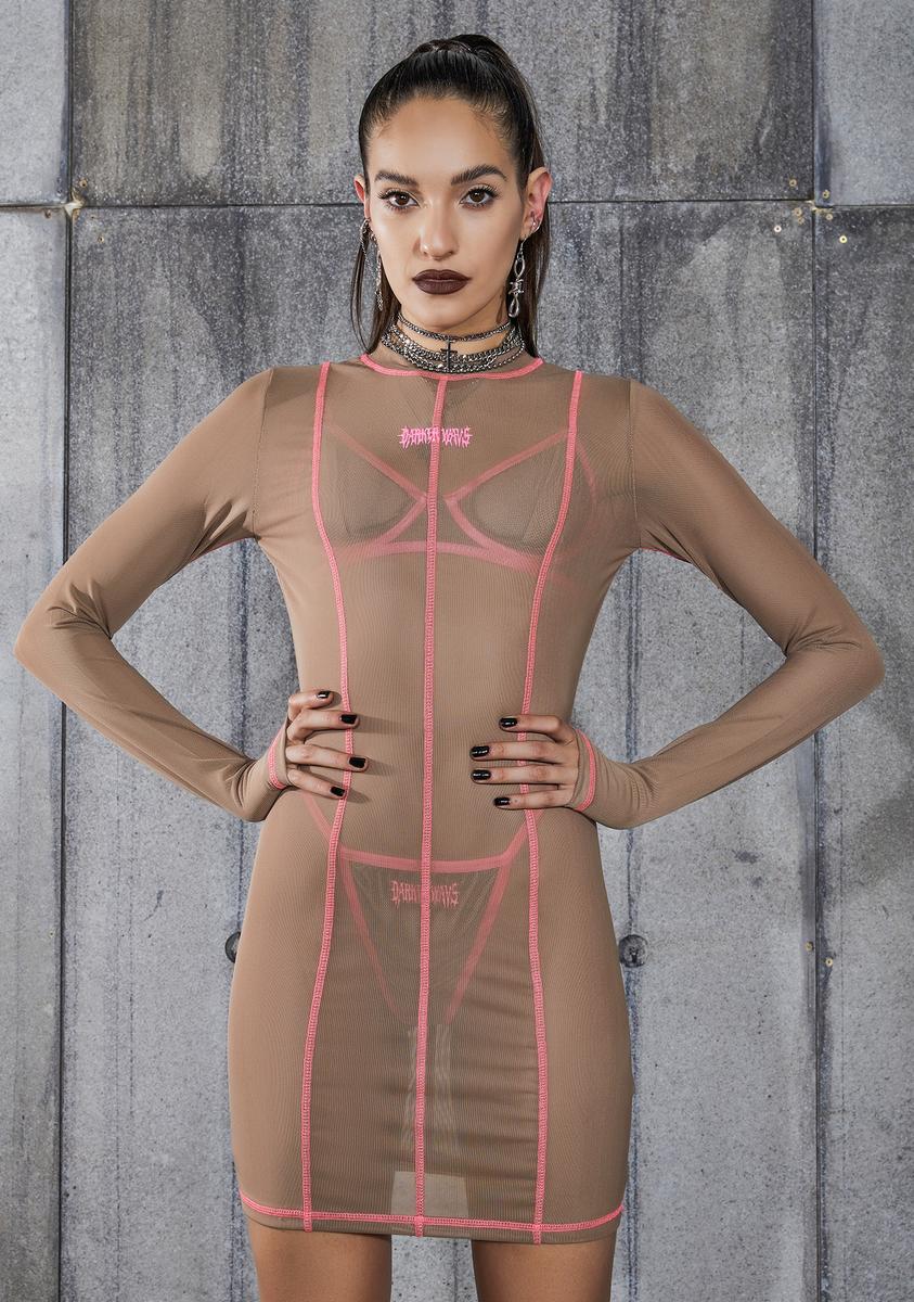 Darker Wavs Mesh Bodycon Dress With Pink Stitching - Nude Dolls Kill Darker Wavs Mesh Bodycon Dress With Pink Stitching - Nude Dolls Kill