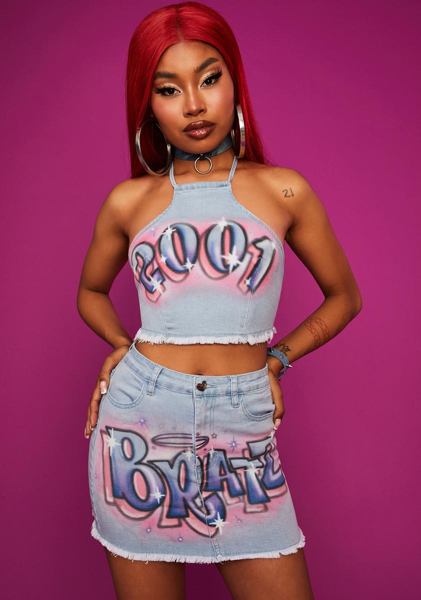 Dolls Kill x Bratz Airbrush Logo Denim Skirt Set Blue
